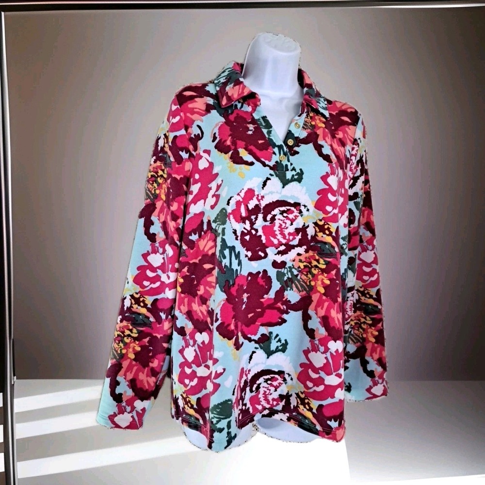 Susan‎ Graver Weekend M Floral Print Popover V-neck Long Sleeve Spandex Artsy